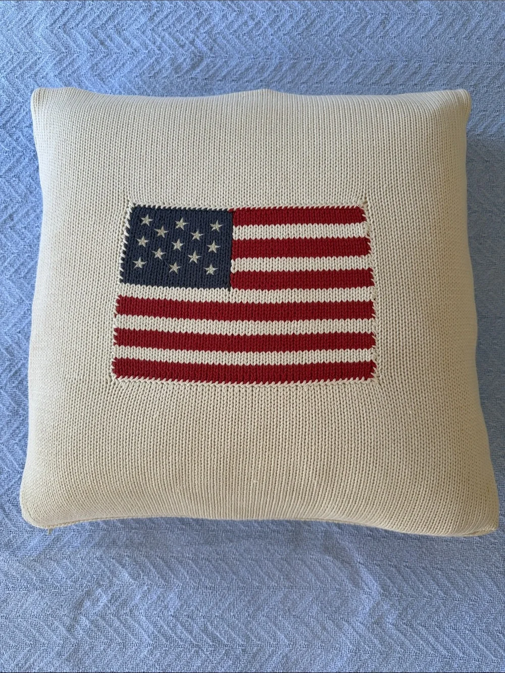 Vintage Ralph Lauren 100% Cotton Cream Knit Accent Pillow American Flag 13 Star